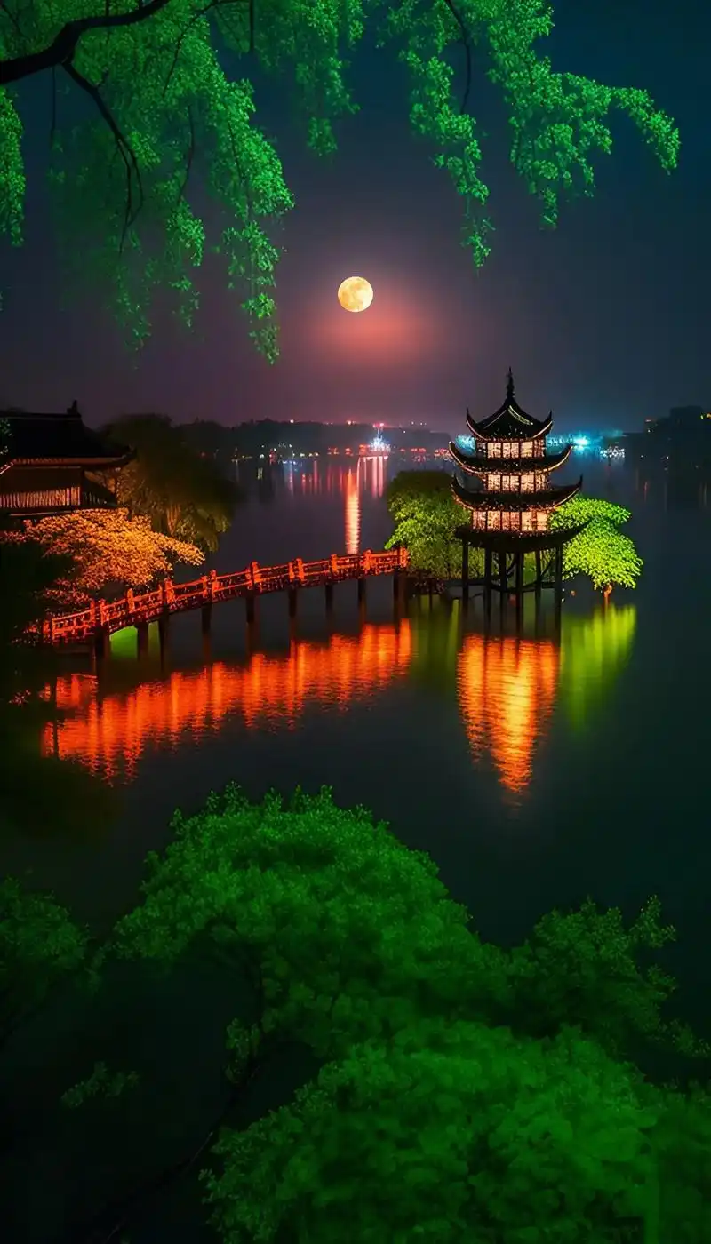 春风得意,江南如画,杭州西湖的夜景已入画境,月光灯光湖光交相 - 抖音