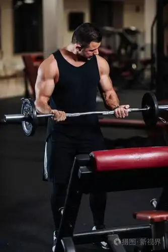 一个男人在健身房训练二头肌.肌肉健美者用杠铃做运动.