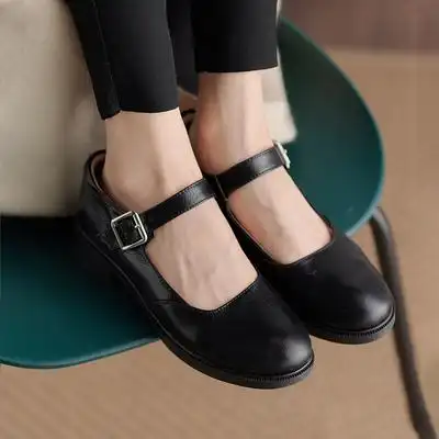 林印象2021春秋款软底圆头中跟单鞋纯色一字扣带粗跟简约小皮鞋女