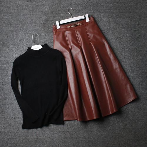 倪妮流金岁月朱锁锁同款半身裙2022年套装高腰中长款a字棕色皮裙