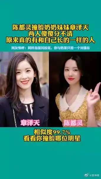 陈都灵撞脸奶茶妹妹章泽天,两人傻傻分不清.