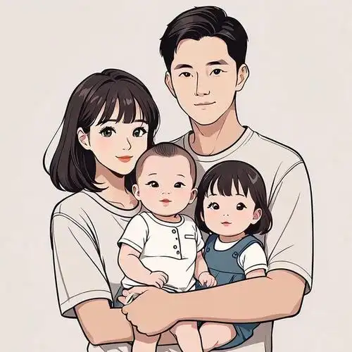 亲子头像|四口之家两个女儿手绘创意头像