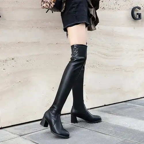 过膝长靴皮面粗跟高跟小个子长筒靴子瘦腿弹力时装靴