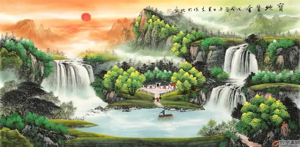 吴东 四尺吉祥风水画《宝地生金》 - 聚宝盆山水画 - 99字画网