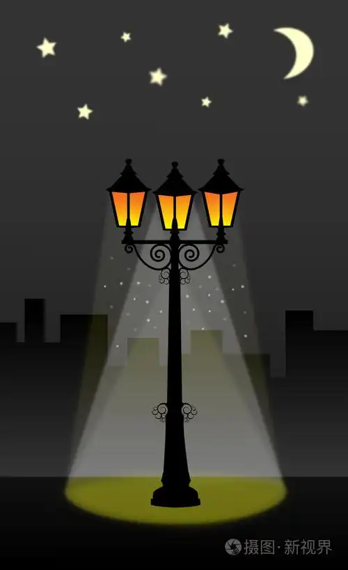 路灯灯笼与夜空的月亮和星星的街头矢量图