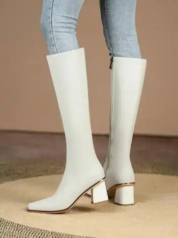 白色长筒靴方头显瘦不过膝长靴女粗跟显瘦高筒靴子女士秋冬季及膝保暖