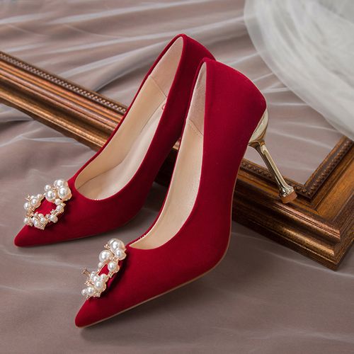 红色婚鞋秀禾婚纱两穿粗跟单鞋女