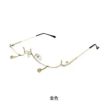 新品金丝框眼镜链条带钻无镜片金属眼镜抖音下半框平光镜水滴装饰链条