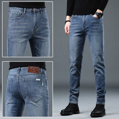 leelee牛仔裤男士修身小脚弹力直筒男裤子秋冬厚款韩版潮流潮 蓝灰色