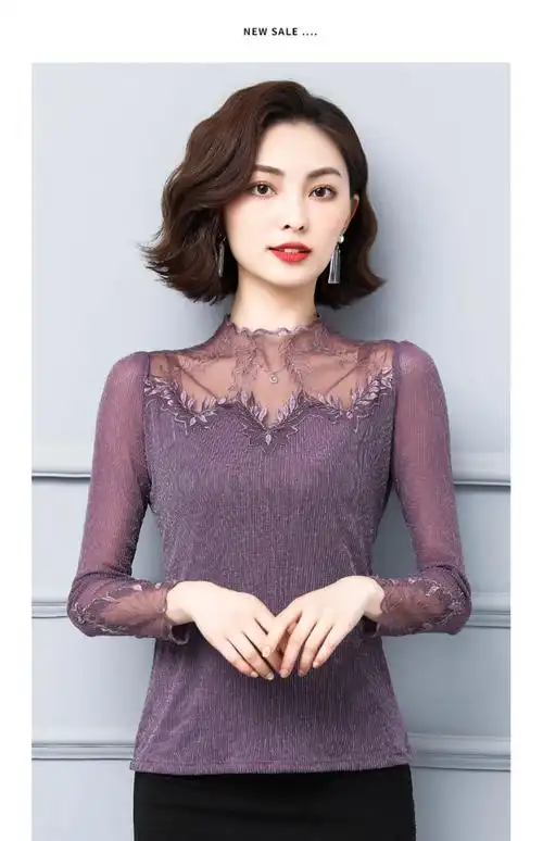 雷丝打底衫女春款2021新款蕾丝打底衫女春秋性感高领薄款网纱上衣镂空