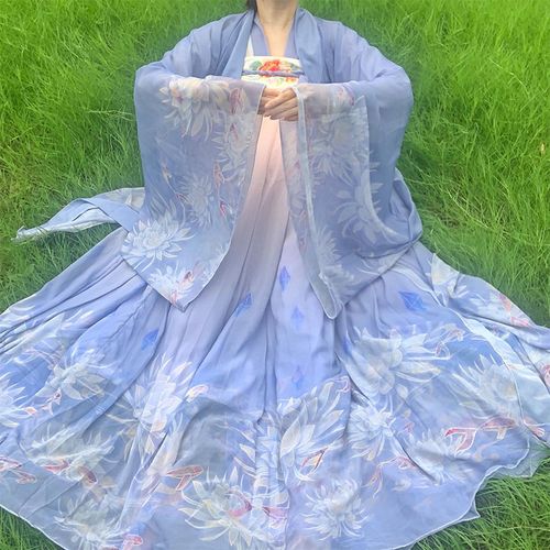 歌新款原创2022新款超仙一片式齐胸襦裙全套中国风 蓝色渐变三米裙摆