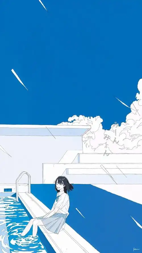 小清新蓝色系文艺少女插画手机壁纸