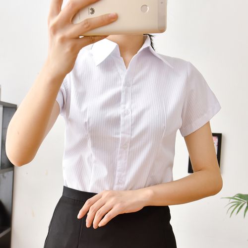 女白衬衫大码短袖女春夏新款竖条纹收腰职业装正装v领韩面试银行