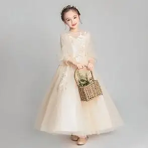 儿童晚礼服公主裙高端女童婚纱花童结婚小孩走秀演出服蓬蓬长袖冬
