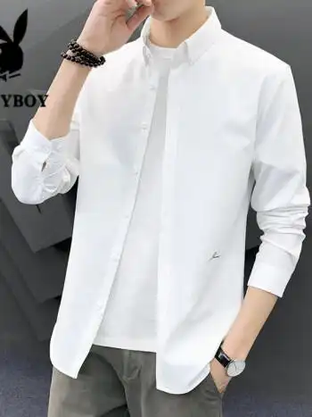 花花公子秋季休闲衬衫男士长袖韩版潮流帅气白色外穿衬衣百搭外套上衣