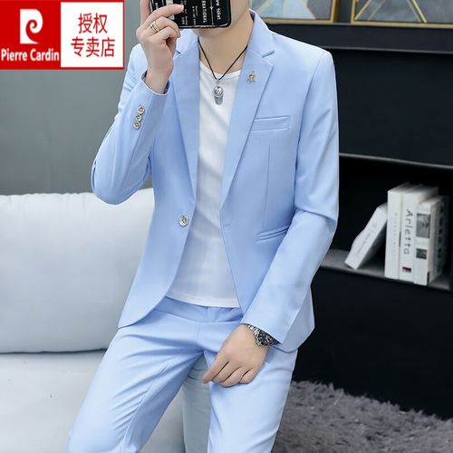 休闲男装一套搭配帅气三件套小西装外套百搭 蓝色【外套 t恤 裤子】 m