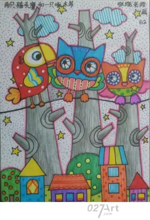 两只猫头鹰和一只啄木鸟,动物儿童画教师范画