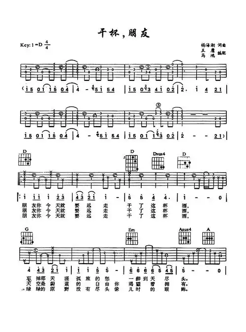 田震干杯朋友吉他谱d调吉他弹唱谱