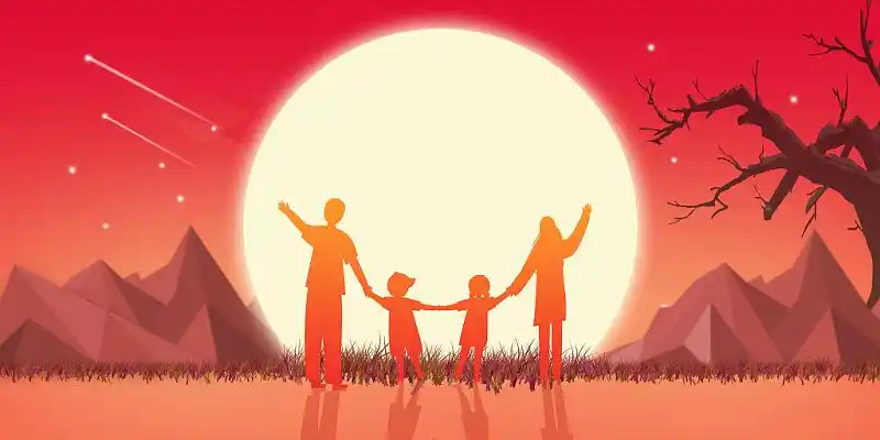 红色夕阳浪漫唯美一家四口立体山树枝太阳流星感恩节展板背景