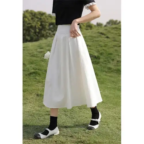 鹿向南 白色半身裙女高腰遮胯2022年春季新款百褶a字型裙子中长款