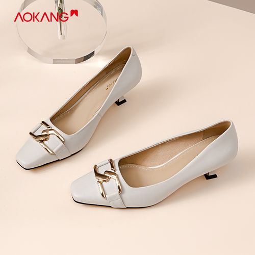 奥康女鞋春秋新款羊皮细跟时尚潮流金属扣纯色方头休闲单鞋