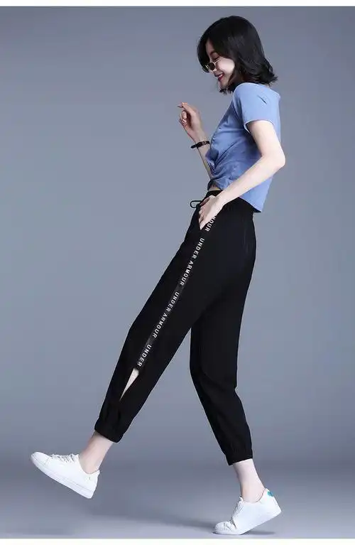冰丝速干运动裤女夏季薄款哈伦裤高腰显瘦2023新款九分休闲裤子潮