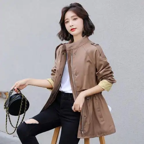 名丽斯风衣2020新款中长款秋季女装韩版时尚洋气抽绳收腰撞色拼接外套