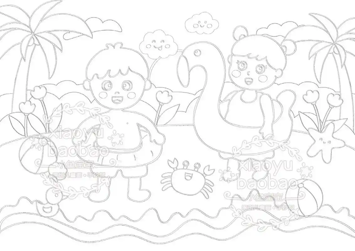 夏日海滩儿童画 | 夏天游泳主题画 7315原创作品请勿抄袭搬运