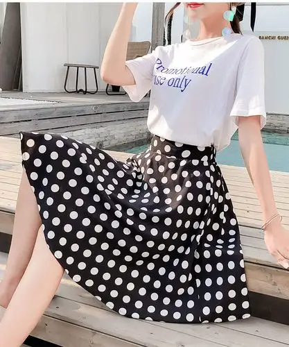 黑白点半身裙波点斑点黑底白点法式高腰中长款a字点点裙子半身裙