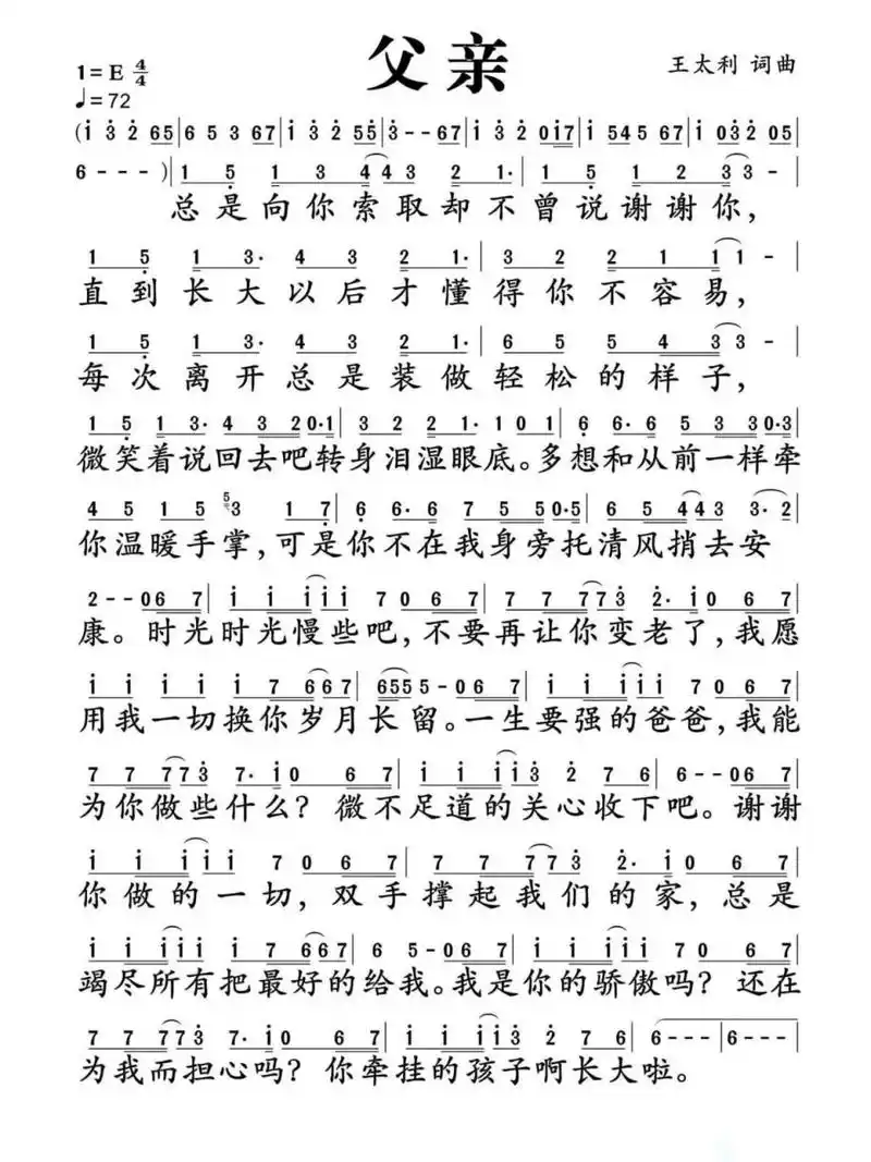 筷子兄弟版《父亲》e大调 简谱 这是一首怀念父亲,感人至深的歌曲