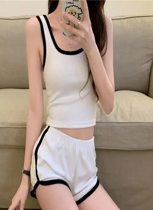 夏季新款女运动吊带背心短裤套装短上衣热裤休闲套装瑜伽裤露脐装