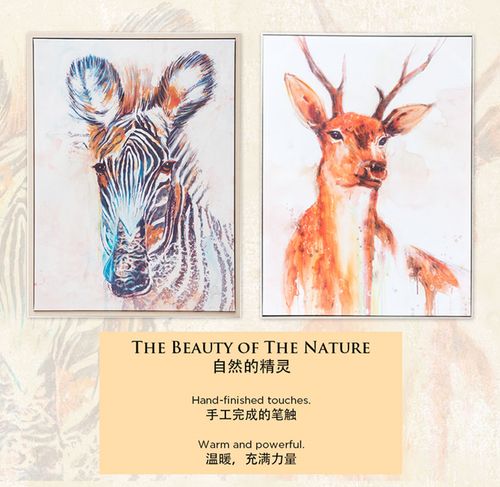 可立特美式帆布手绘驯鹿斑马墙面挂画现代时光装饰画客厅动物油画