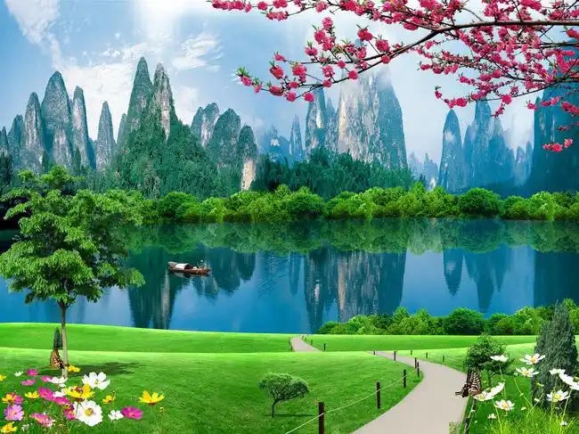 【psd】桂林山水风景梅花觅觅壁画