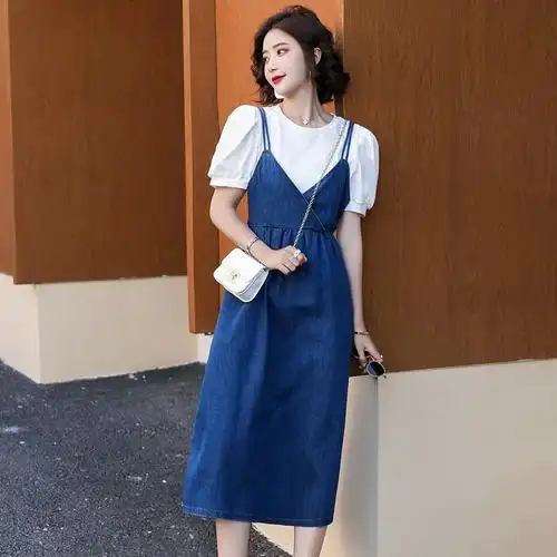 吊带连衣裙女装2021夏季裙子女新款收腰纯色牛仔chic两件套装法式