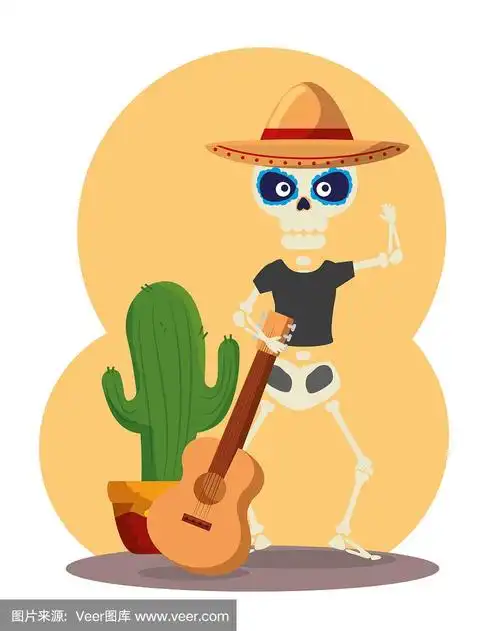 骷髅人戴着带吉他和仙人掌的帽子
