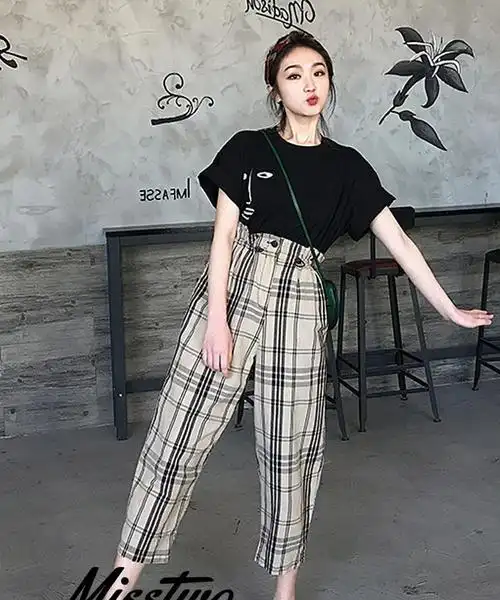 夏季新款短袖t恤上衣 格子花苞裤两件套省心搭配洋气心机套装女潮