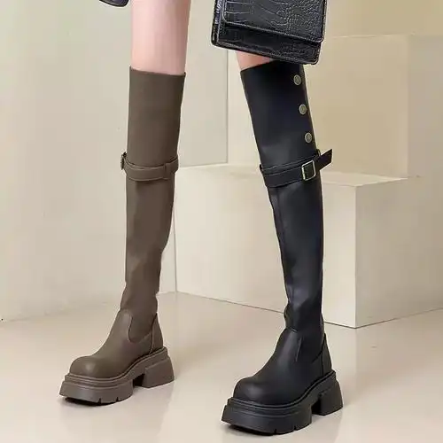 时尚部落两穿厚底长筒过膝靴子女2023秋冬新款粗跟加绒长靴时装靴