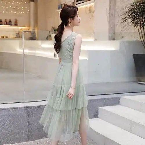 蕾丝连衣裙2021新款夏很仙法国小众法式复古高腰网纱过膝智熏裙