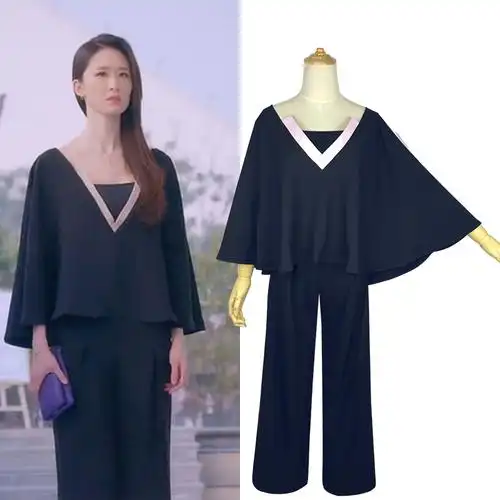 克拉恋人叶琪张雯同款黑色v领斗篷宽松上衣阔腿九分裤时尚套装潮