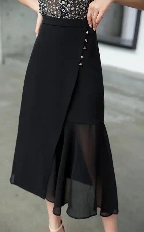 蘑菇扣2022年夏季新款2165黑色拼接网纱不规则包臀高腰鱼尾半身裙