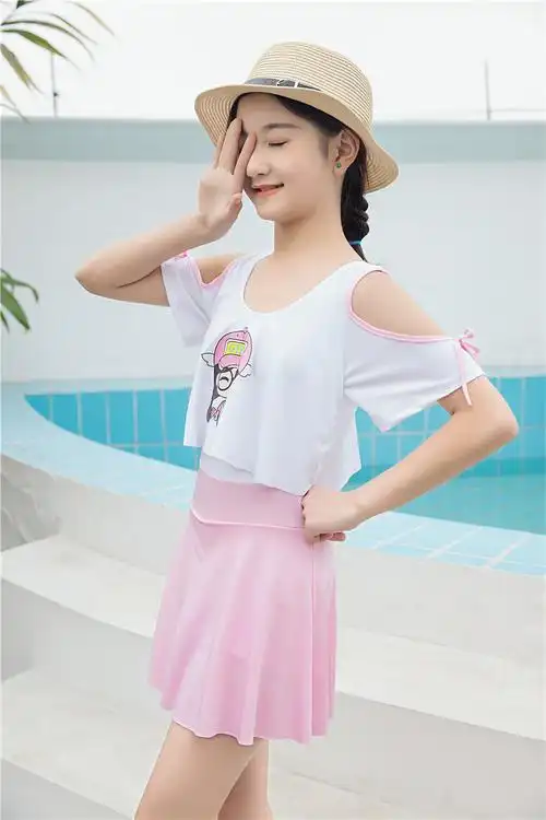 女孩大童泳衣连体防晒短袖女童青少年2021年新款10洋气12岁温泉15粉色