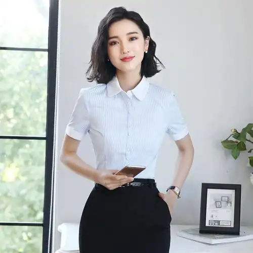 2018年新春夏季短袖职业装女套装条纹衬衣白领销售白领女士衬衫女