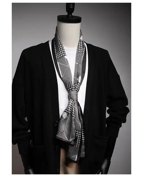 真丝男士丝巾小长条感搭西装衬衫围脖领巾复古春秋桑蚕丝围巾黑色圆点