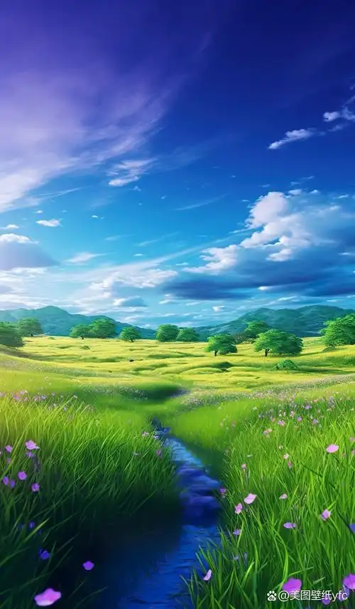 在这片一望无际的绿色草原上,紫色的花朵点缀其间,仿佛是大自然的画作