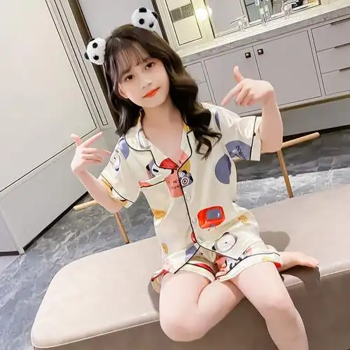 女童短袖冰丝睡衣夏季套装薄款小女孩可爱宝宝小孩夏天家居服儿童米白