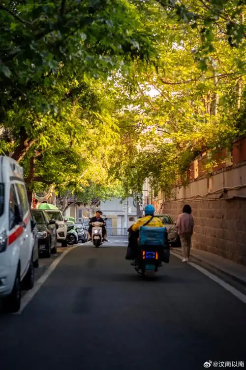 傍晚的青岛老城区街道,光影交错,金光四溢,阳光透过树荫,安静的照亮着