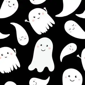无缝图案与可爱的小卡通鬼.黑色背景上的白色鬼魂.万圣节插图.