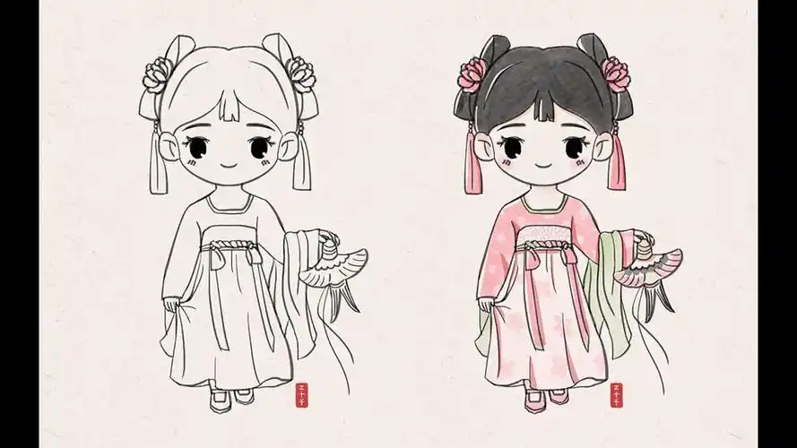 【ps水彩】水彩国风q版女孩8