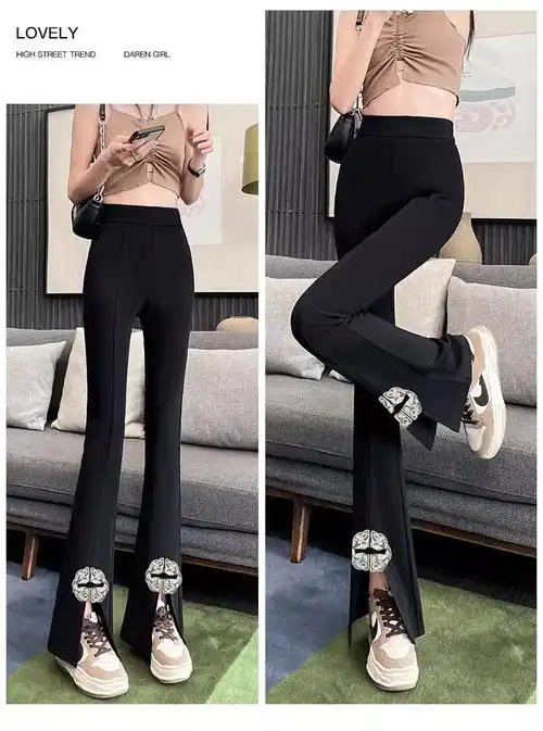 夏季新中式国风微喇裤女提花盘扣裤子女春秋设计感高腰开叉喇叭裤