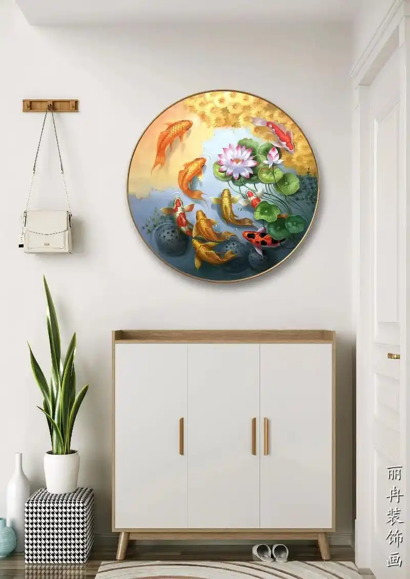 九鱼聚财图#装饰画 #手绘油画 #圆画#家居挂画 - 抖音